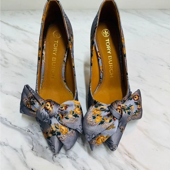 Tory Burch Floral Bow Heels in Gray and Yellow - Picture 1 of 11